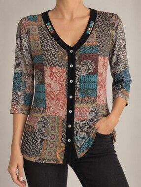 Zoe Patchwork Paisley Mesh Cardigan Beaded V-Neck Size Medium